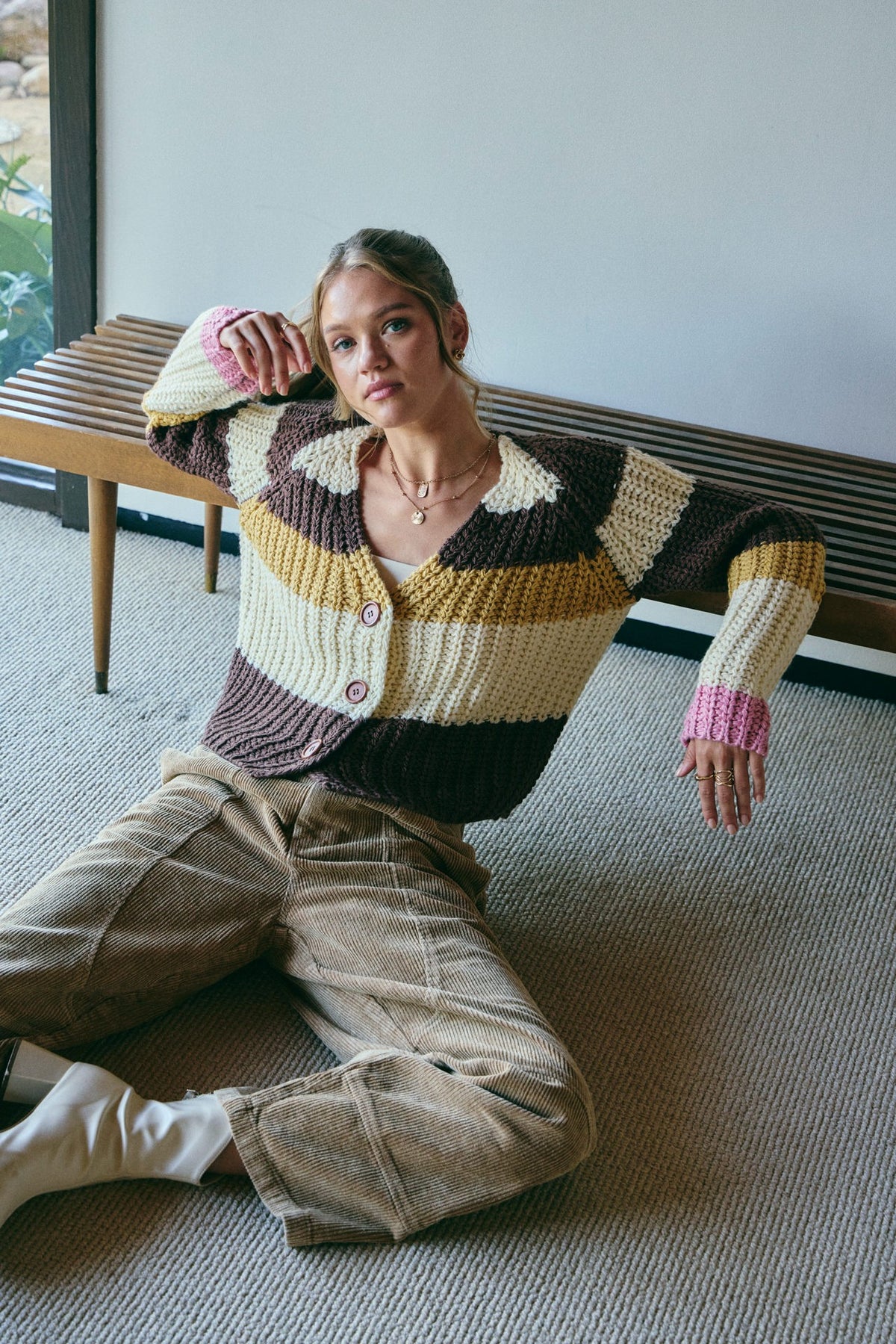 Multi Stripe Chunky Sweater Cardigan Brown Multi