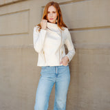 Cowl Neck Liquid Leather Moto Jacket Ivory