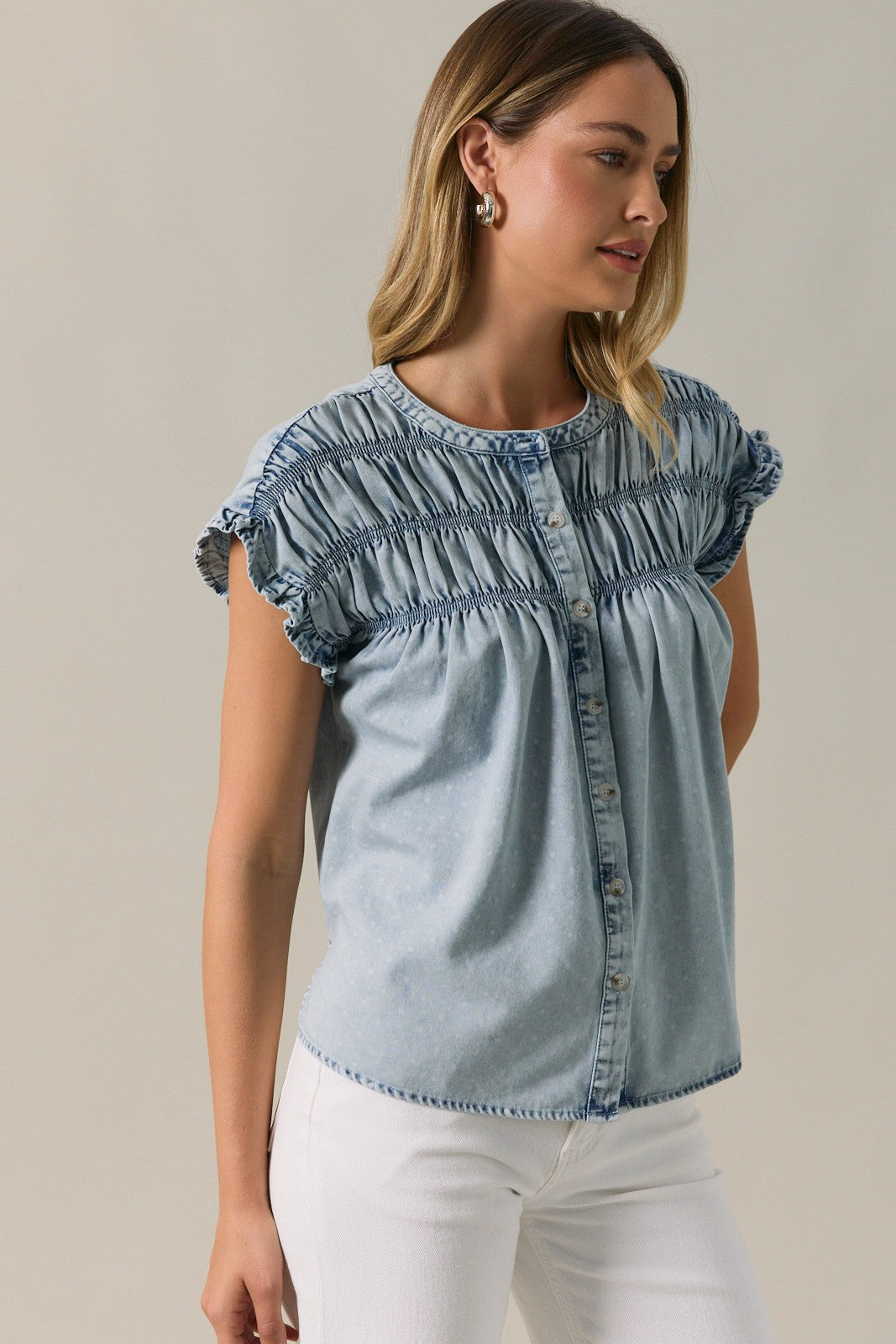 Polka Dot Denim Button Up Smock Detail Shirt Light Denim White Dot