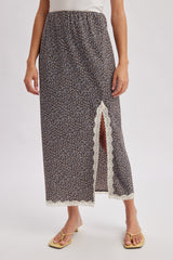 Lace Trim Ditsy Floral Midi Skirt Espresso + Blue