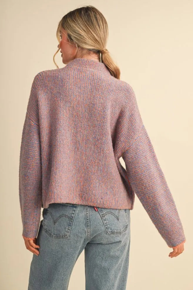 Colored Buttons Two Tone Mock Neck Cardi Orange Blue