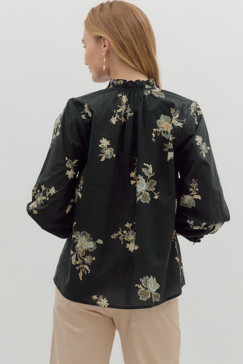 Floral Print Cuff Band Bubble Ruffle Tied Top Black