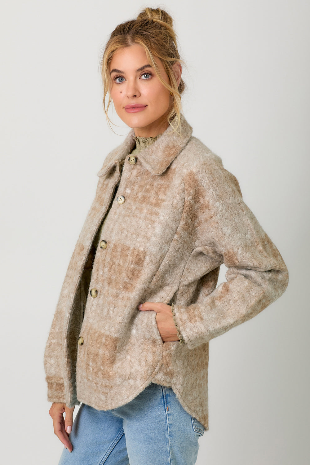 Plaid Boucle Button Down Shirt Jacket Milk Tea