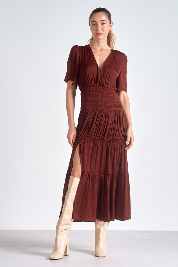 Smocked Bodice Tiered Satin Maxi Dress Brick