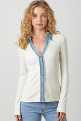Washed Rib Thermal Denim Collar Button Down Shirt Vintage White