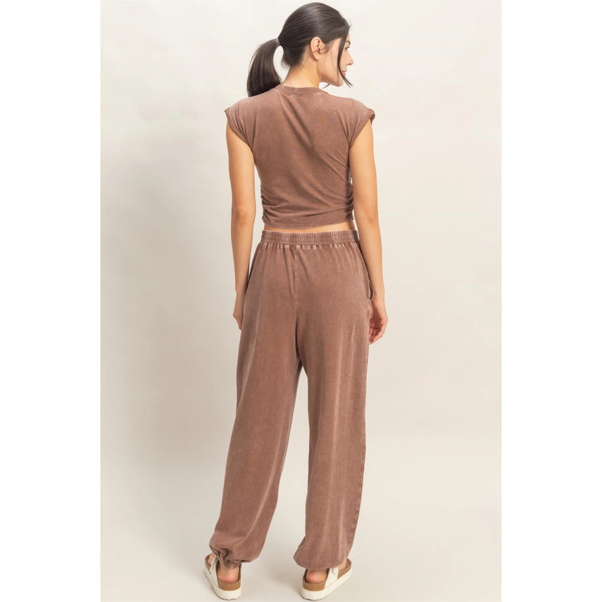 Rolled Sleeve Wrap Front Crop Top Jogger Set Chocolate