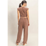 Rolled Sleeve Wrap Front Crop Top Jogger Set Chocolate