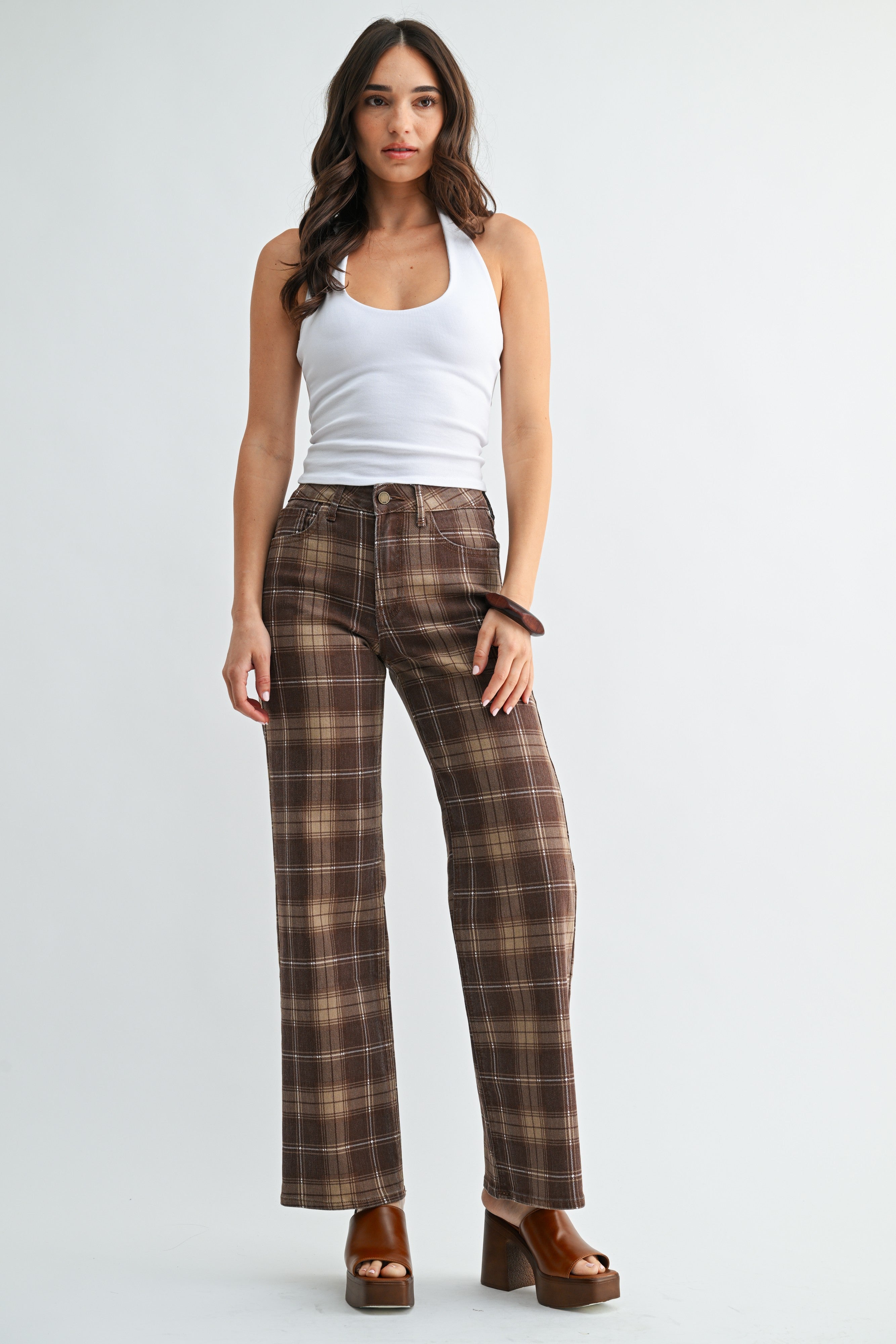 High Rise Full Length Straight Denim Pants Brown Plaid