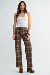 High Rise Full Length Straight Denim Pants Brown Plaid