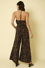 Abstract Wide Leg Tie Waist Jumpsuit Black Multi