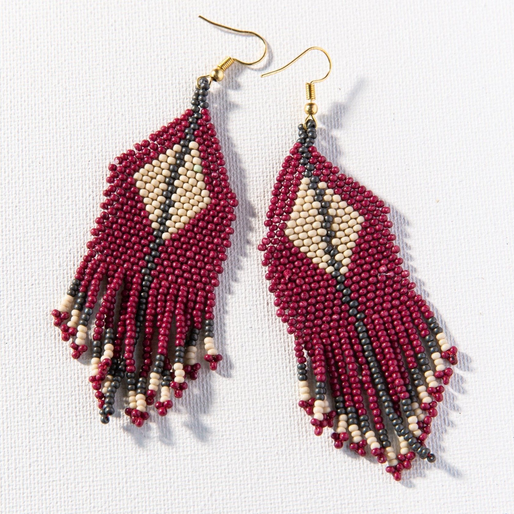 Diamond Seed Bead Earrings Maroon + Grey