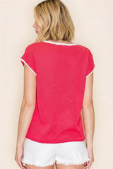 Button Detail Contrast Raw Edge Sweater Top Red