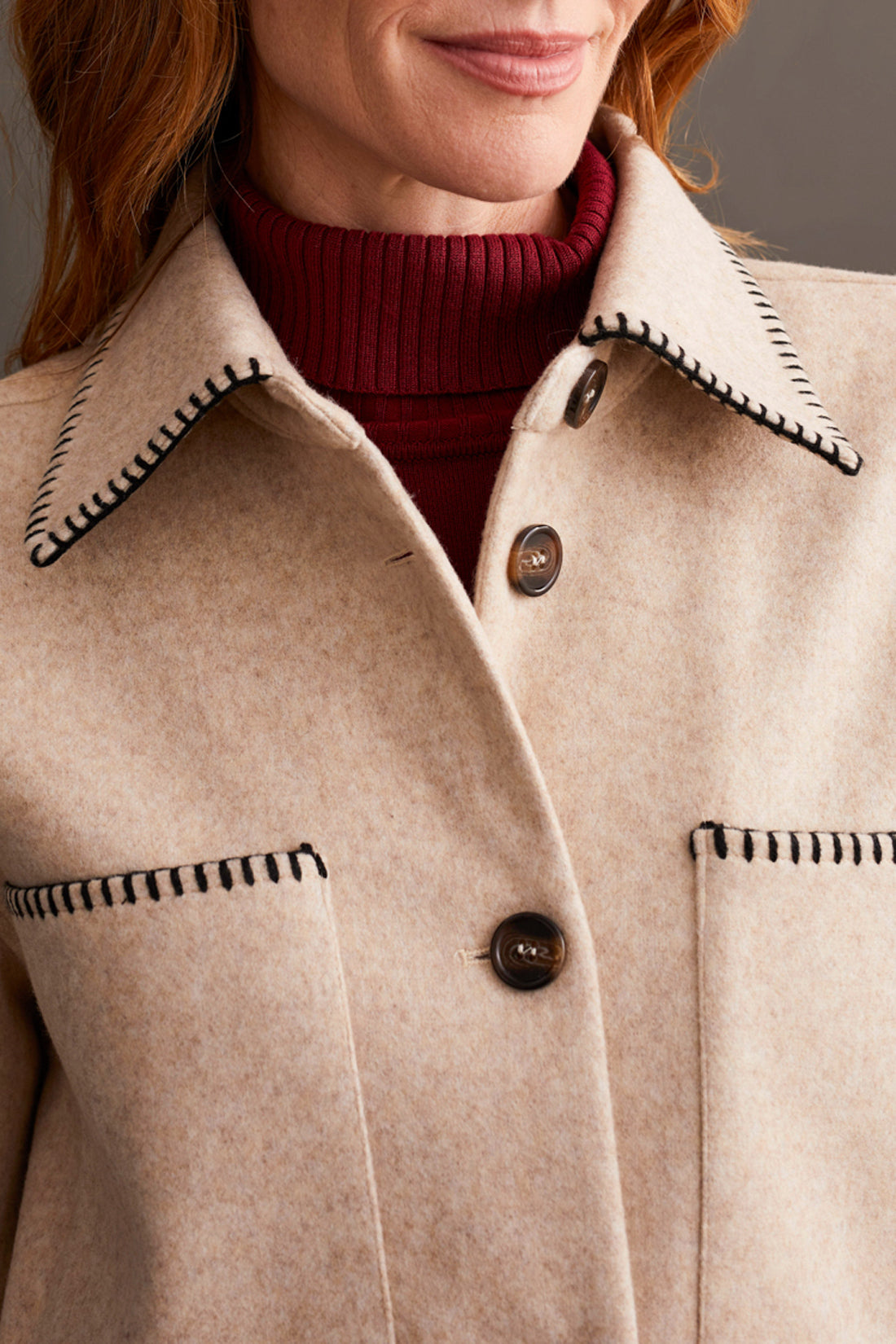 Blanket Stitch Button Front Jacket Heather Tan