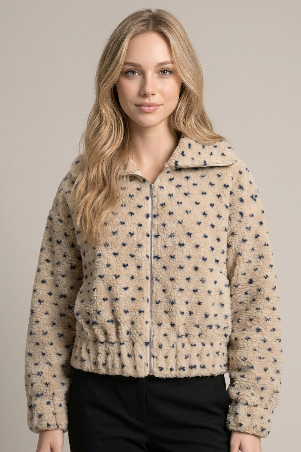 Tiny Dots Fleece Zip Up Jacket Mushroom
