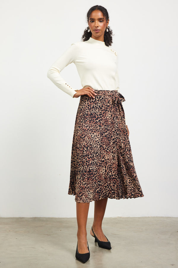 Leopard Pleated Print Mini Skirt Camel + Black