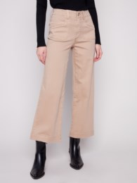 Twill Patch Pocket Cropped Wide Leg Twill Pants Sesame