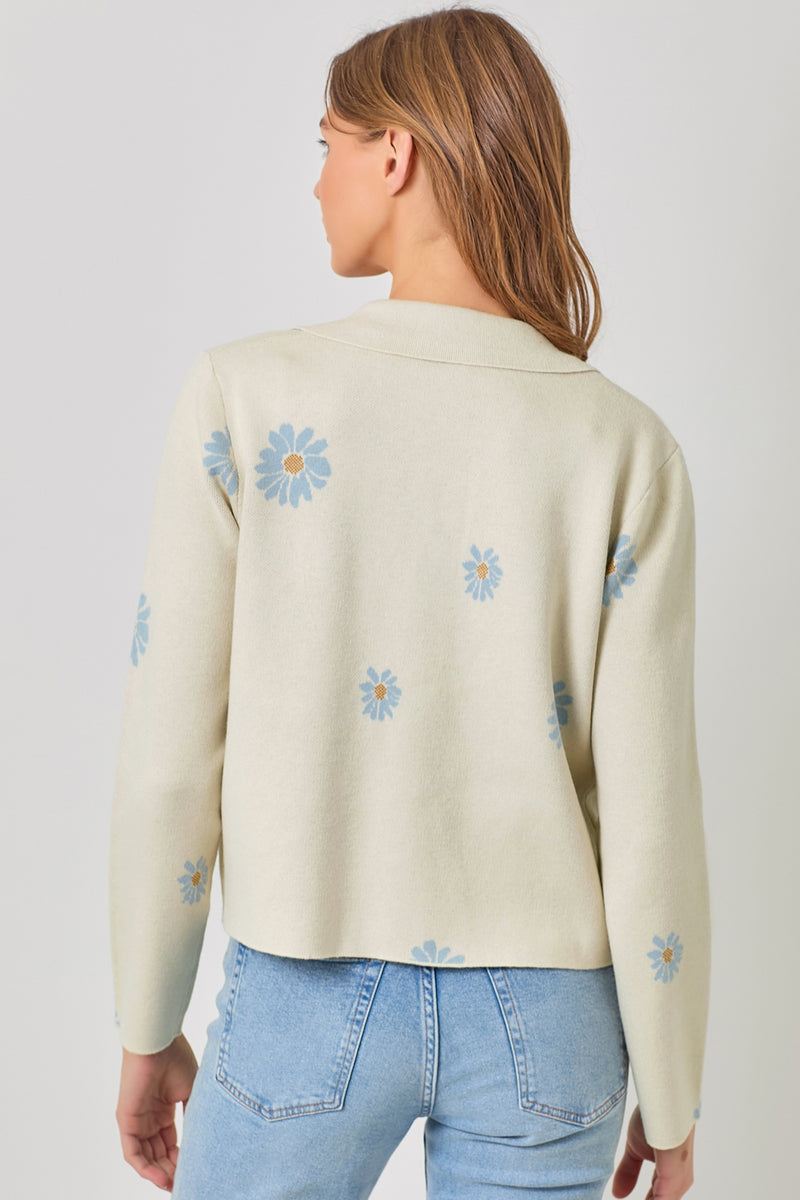 Floral Patterened Sweater Jacket Ivory + Powder Blue