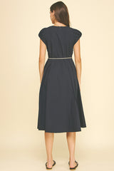Rope Belt Stitched Seam Detail Midi Dress Navy