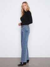 Rhinestone Wide Leg Stretch Jeans Medium Blue