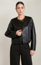 Collarless Leather Jacket Black