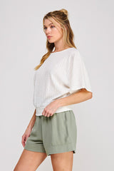 Wavy Textured Banded Dolman Top Off White
