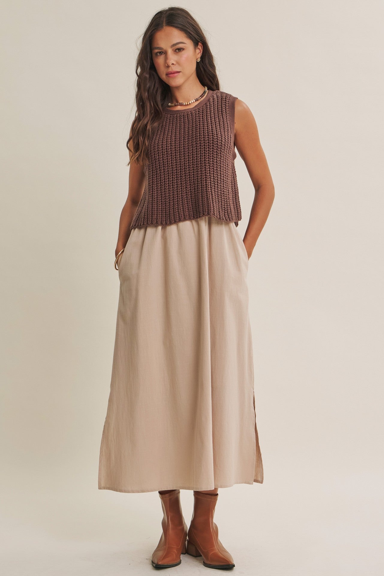Sleeveless Chunky Sweater Twofer Midi Dress Chocolate + Mocha