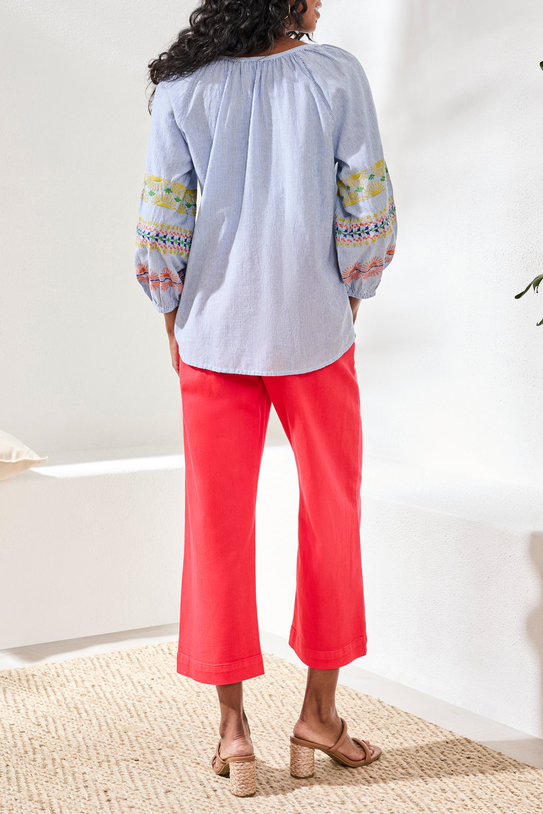 Embroidered Raglan Sleeve Tassel Tie Blouse Baja Blue