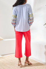 Embroidered Raglan Sleeve Tassel Tie Blouse Baja Blue