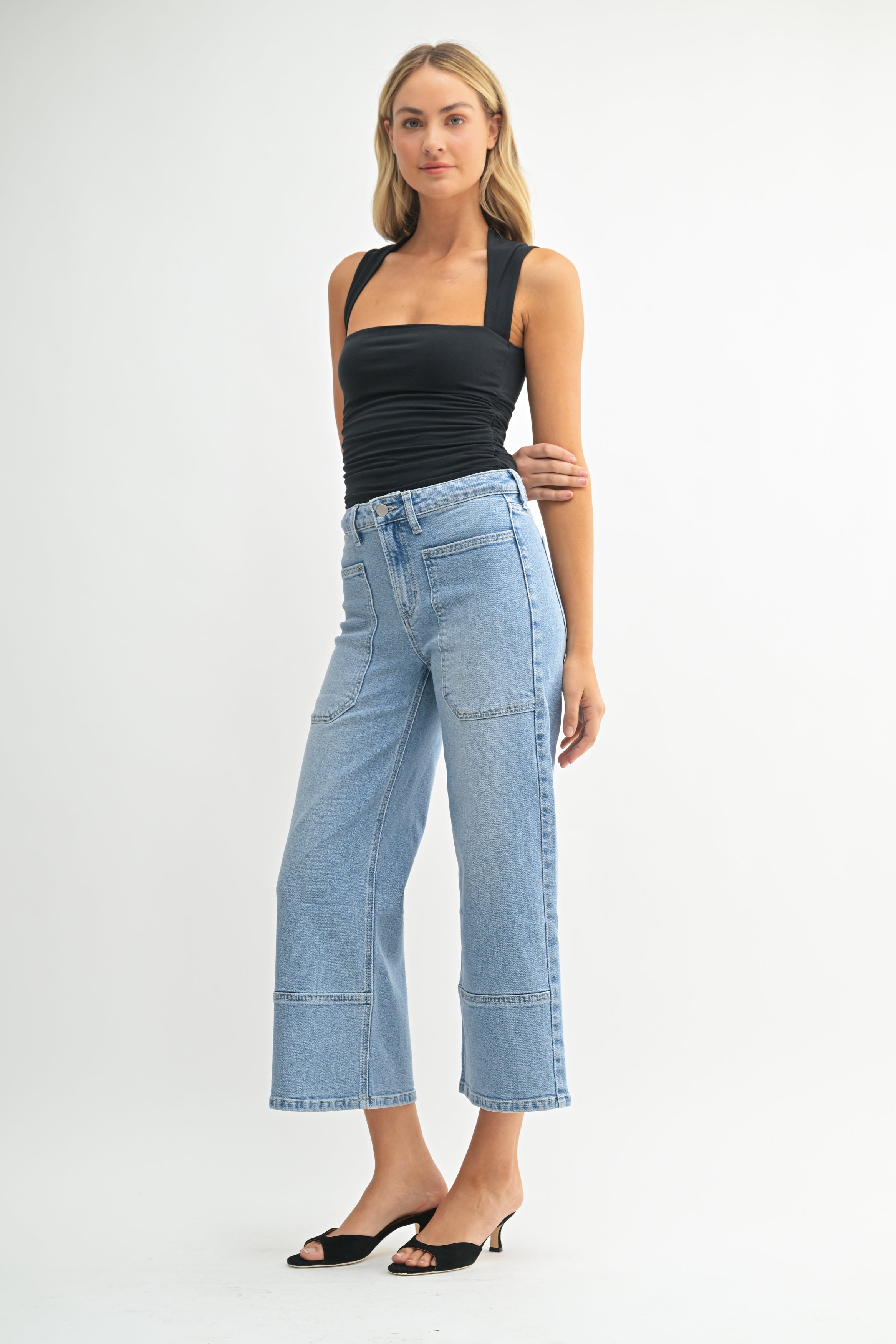 High Rise Cropped Wide Leg Denim Trouser Light Denim