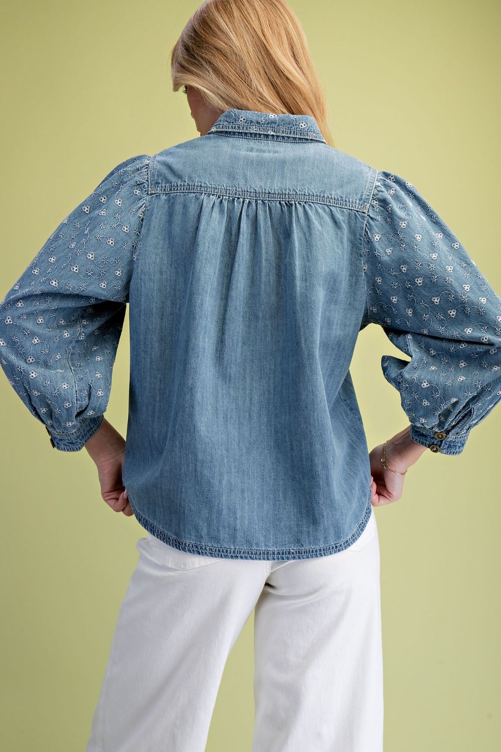 Embroidered Puff Sleeve Pintuck Denim Shirt Washed Denim