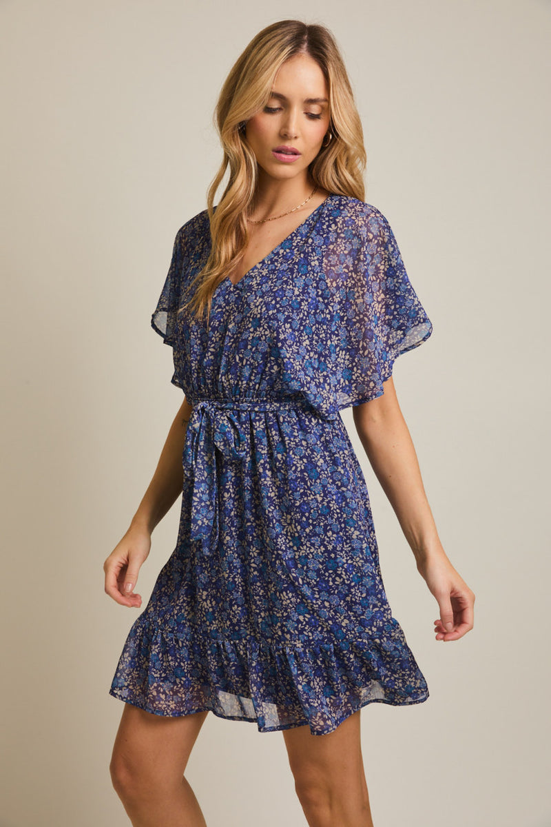 Vneck Ruffle Sleeve Tie Waist Floral Print Dress Navy + Taupe