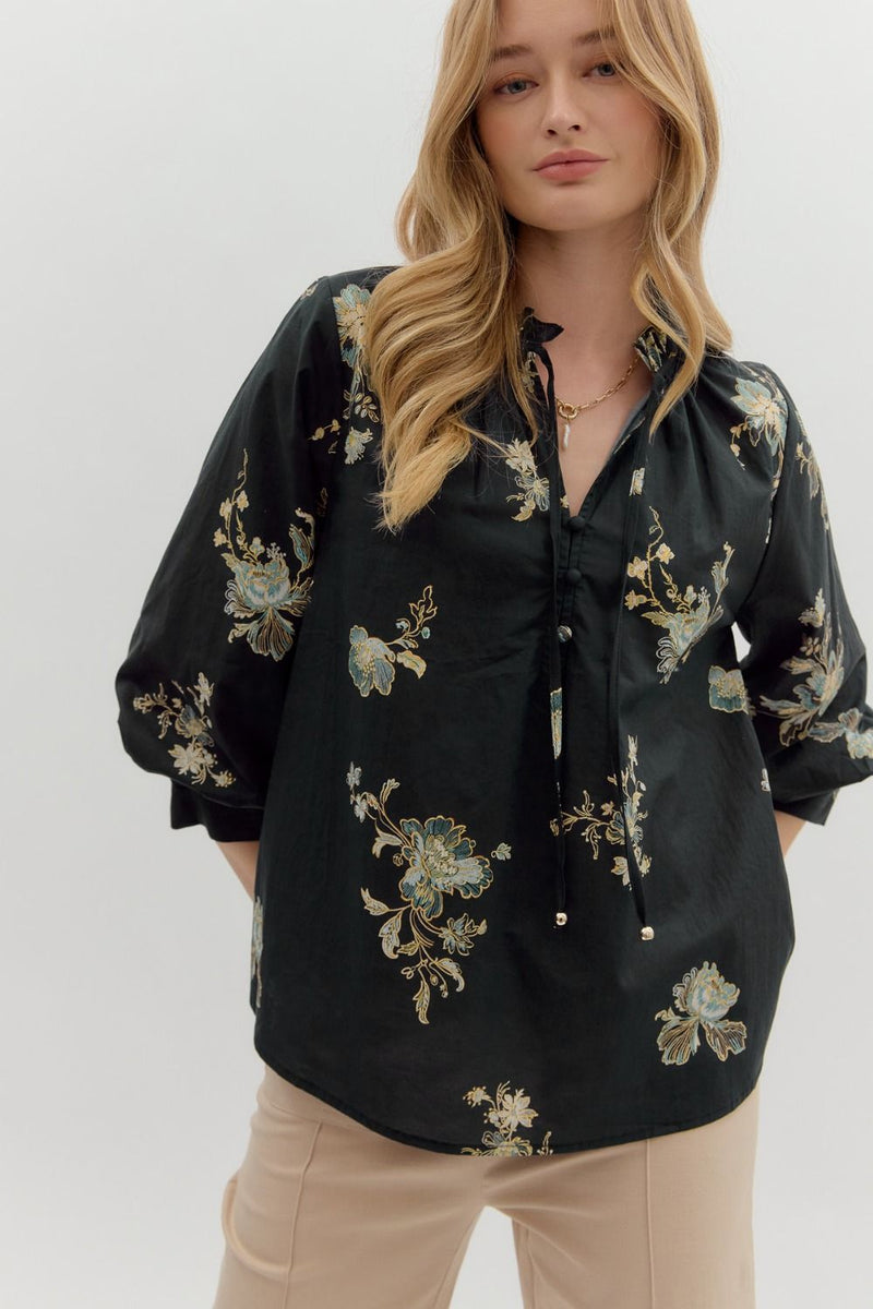 Floral Print Cuff Band Bubble Ruffle Tied Top Black