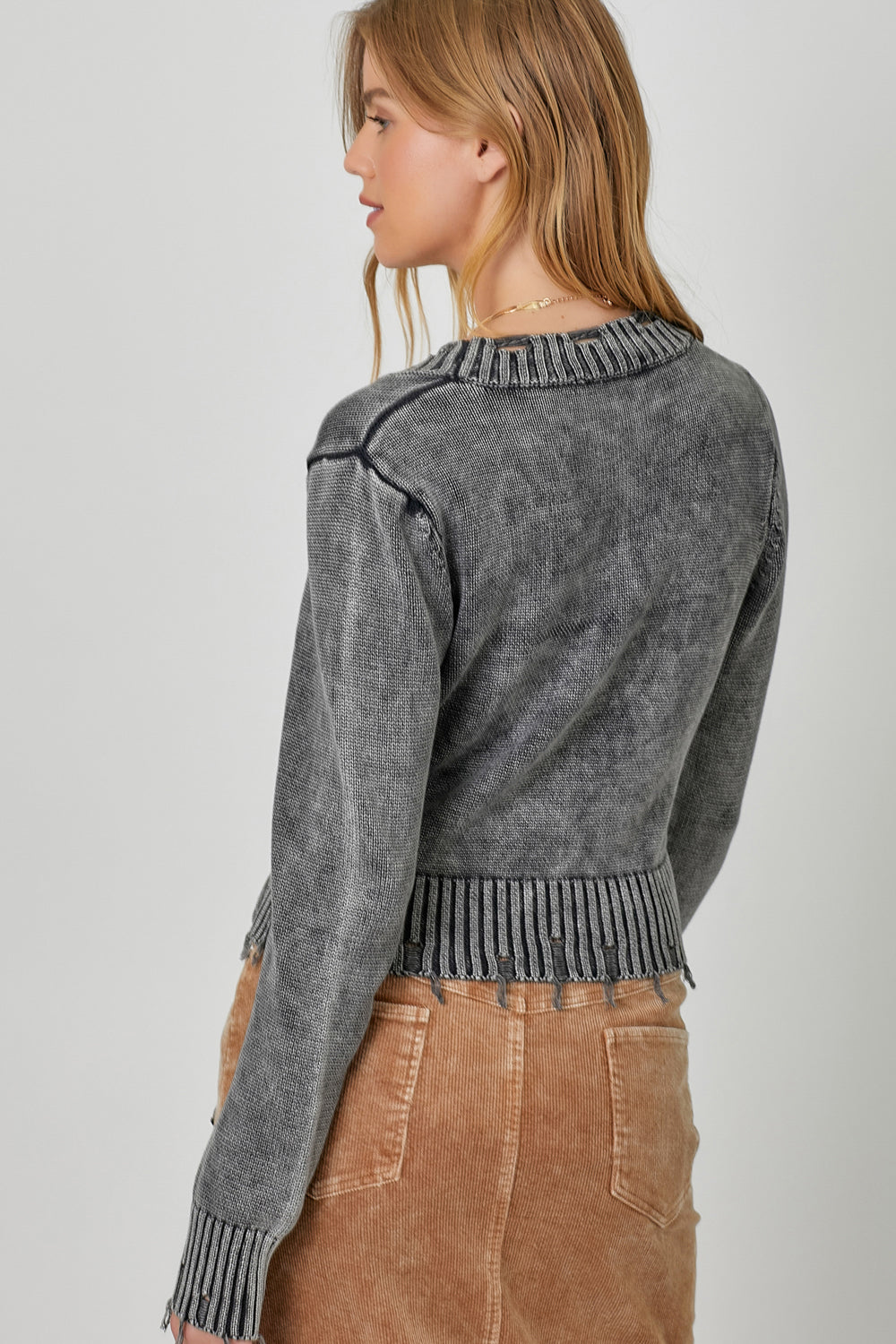 Washed Button Down Laced Side Detail Cardi Washed Black