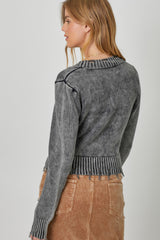 Washed Button Down Laced Side Detail Cardi Washed Black