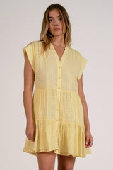 Grid Pattern Button Down Tiered Mini Dress Yellow