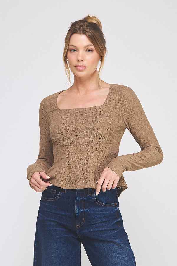Knit Lace Square Neck Princess Seams Top Toffee