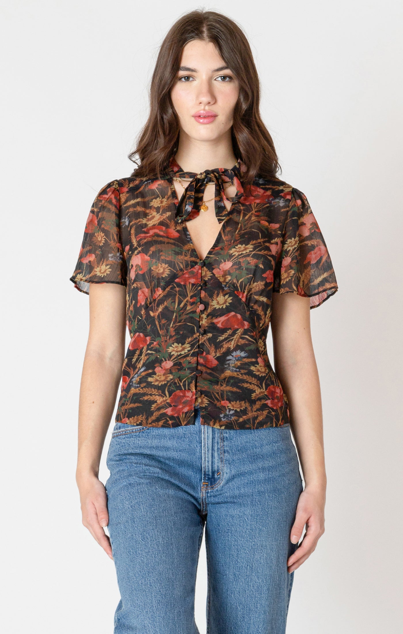 Button Front Sheer Printed Tie Neck Blouse Autumn Bloom