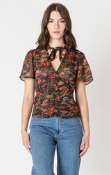 Button Front Sheer Printed Tie Neck Blouse Autumn Bloom