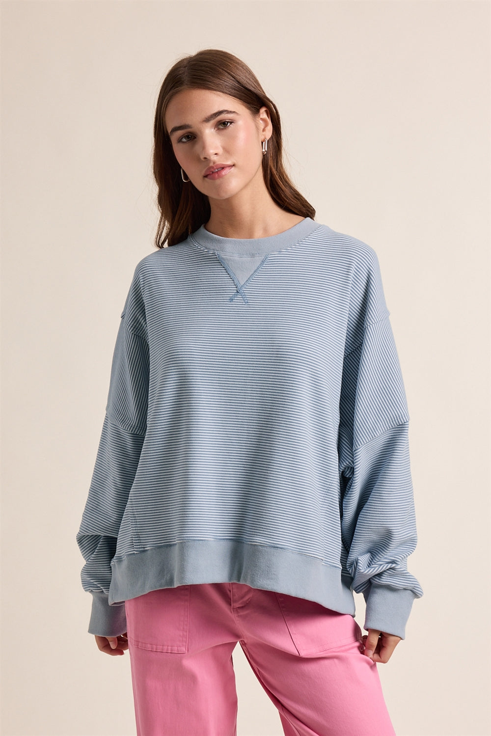Striped Drop Shoulder Sweatshirt Ivory + Dusty Blue