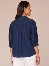 Cinched Sleeve Crochet Inset Button Down Shirt Indigo