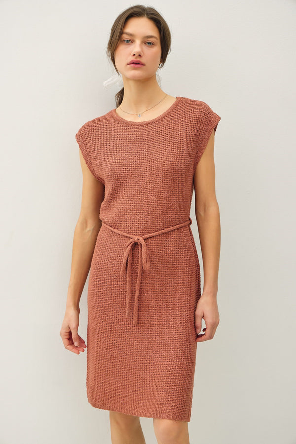 Cap Sleeve Belted Chunky Knit Dress Marsala