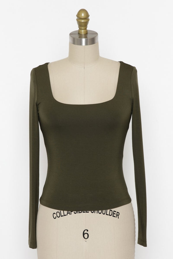 Square Neck Basic Layering Long Sleeve Olive