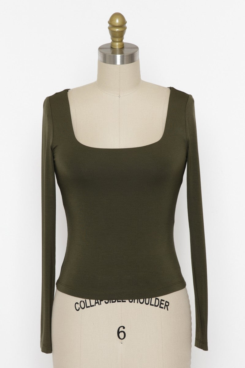 Square Neck Basic Layering Long Sleeve Olive
