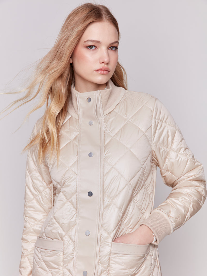 Leather Trim Reversible Quilted Puffer Jacket Champagne