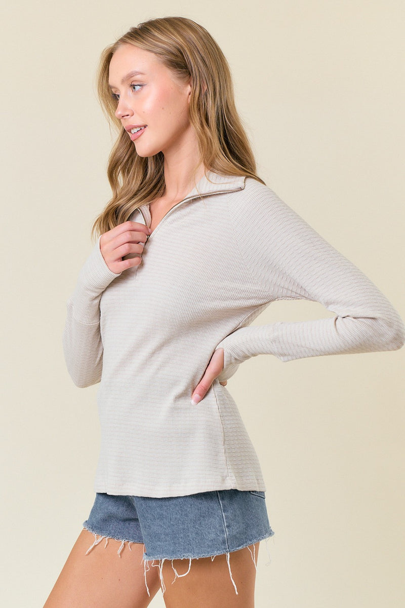 Textured Quarter Zip Top Antique White