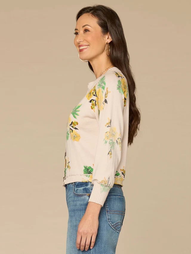 3/4 Sleeve Floral Printed Hidden Snap Cardi Pale Stone + Sunflower Multi