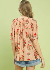 Vintage Botanicals Tassel Tie Boho Blouse Red Mix