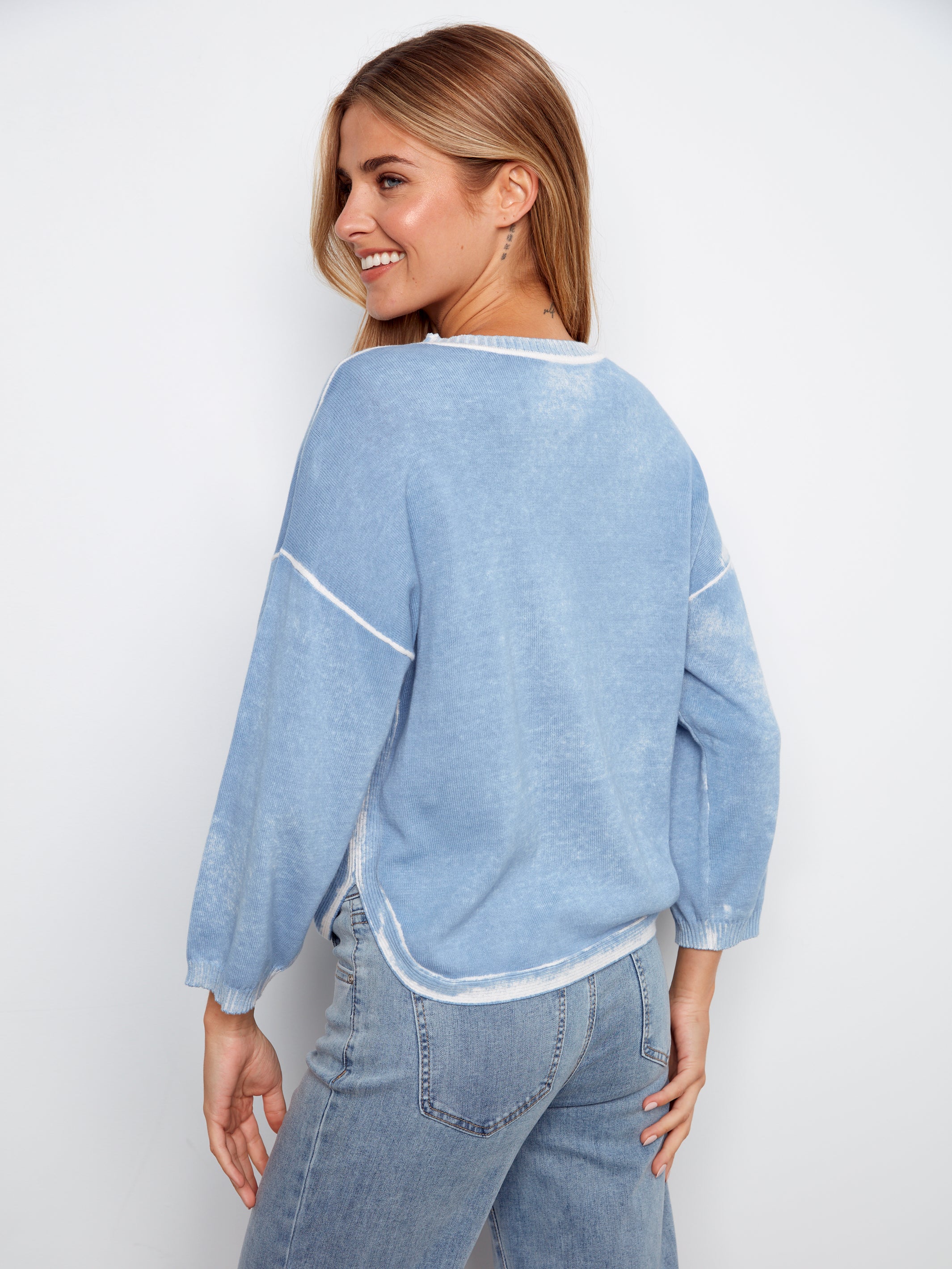 3/4 Sleeve Reversed Print Curved Hem Sweater Bluebell