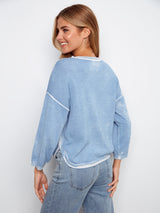 3/4 Sleeve Reversed Print Curved Hem Sweater Bluebell