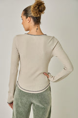 Blanket Stitch Accented Henley Top Oatmeal